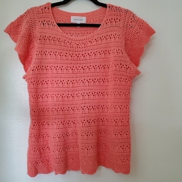 Dear John Coral Cotton Knit Raegan Pointelle Crochet Detail Sweater Koi Fusion - Picture 4 of 13